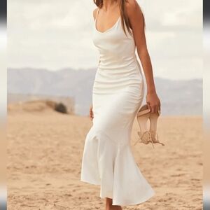 Lulu's Strictly Romance white satin asymmetrical tiered sleeveless midi dress